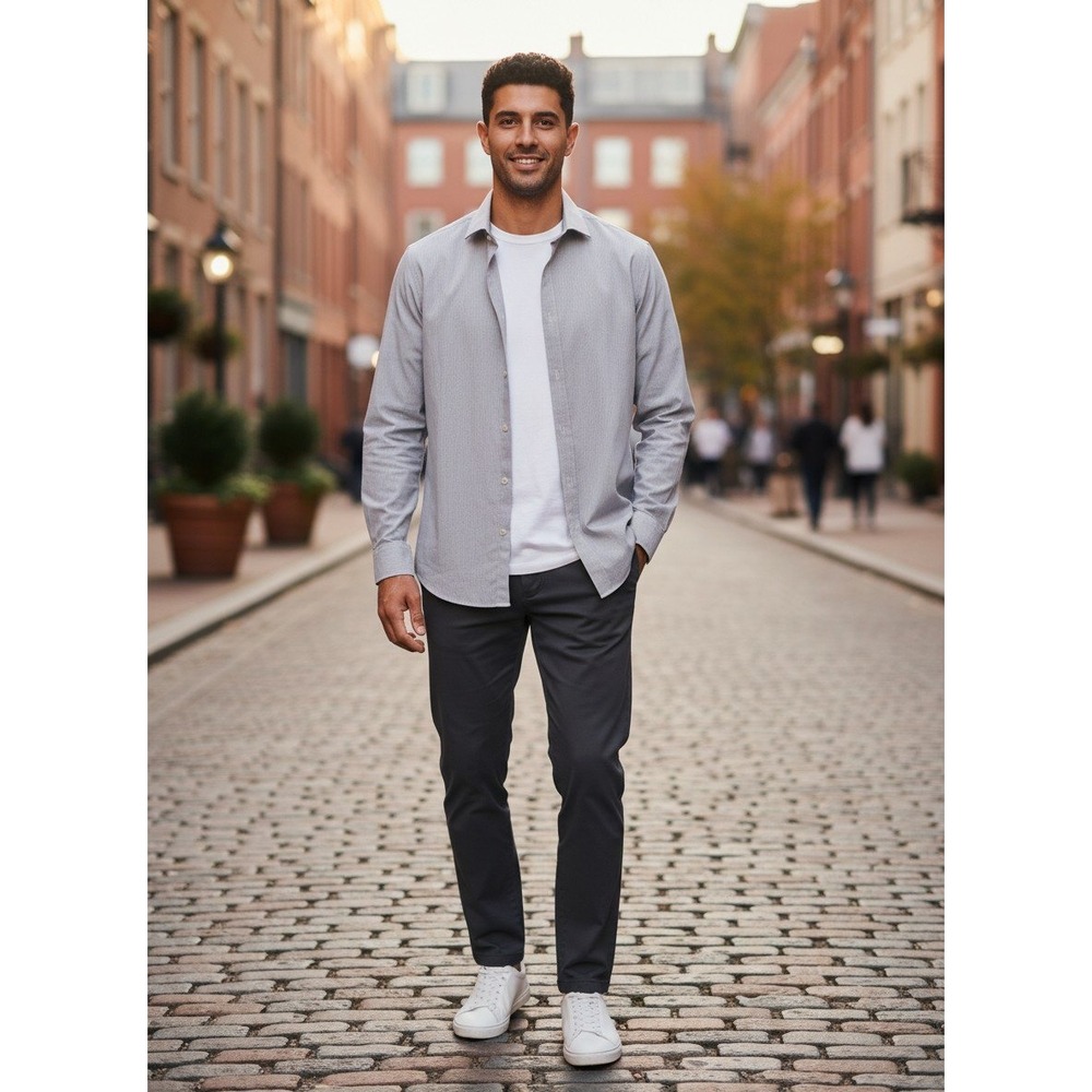 Calvin Klein Steel+ Slim Fit Stretch Non-Iron Shirt Grey White Micro Check M 15‎